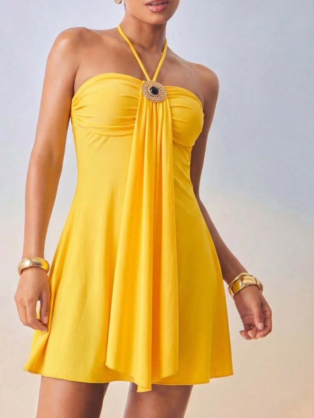 Yellow Halter Mini Dress with Gold Medallion Detail